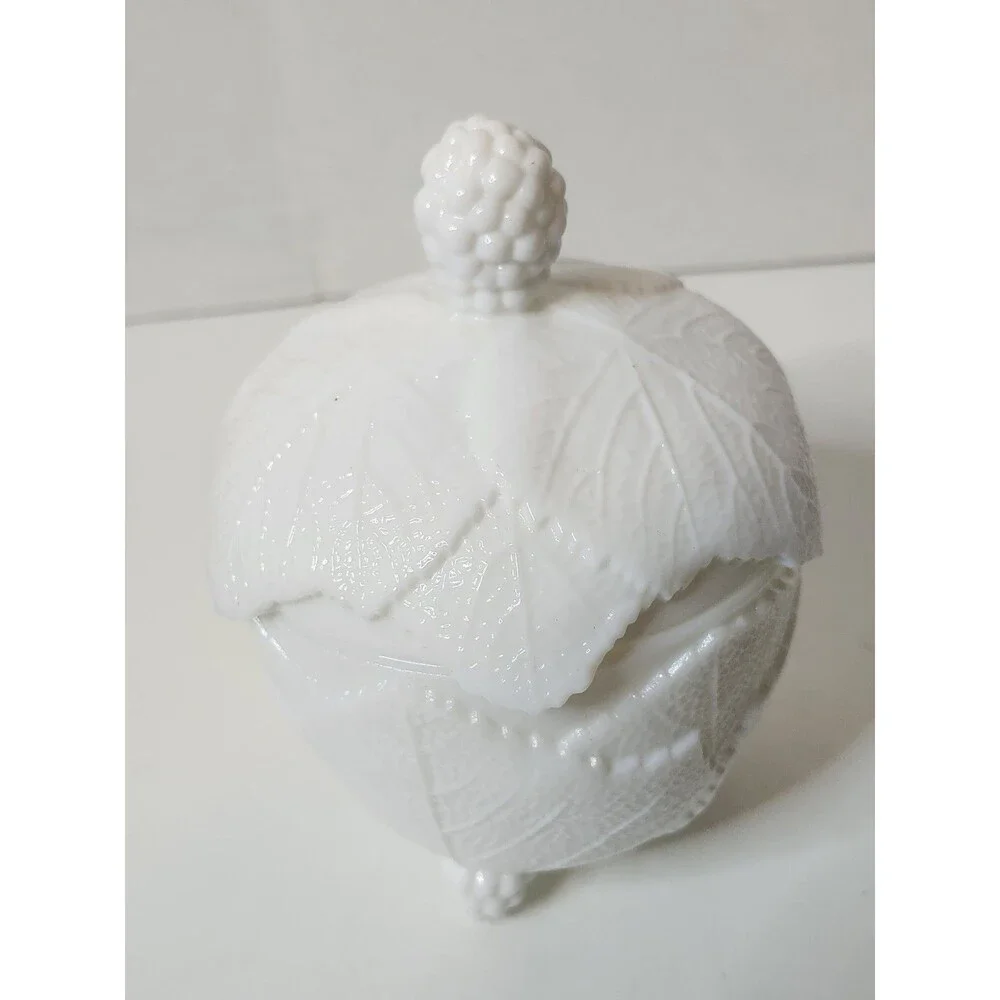Vintage 6.5” Fostoria Milk Glass Grape Leaf Footed Candy Lidded Jar Dish